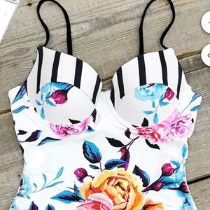 One piece Demi bra style swim suit, floral/stripe